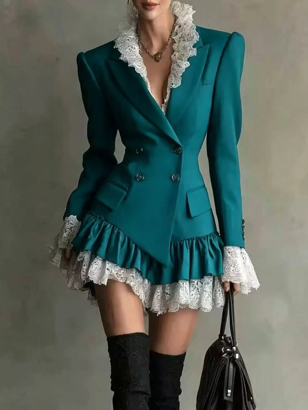 Collared long sleeve mini dress, front view on model