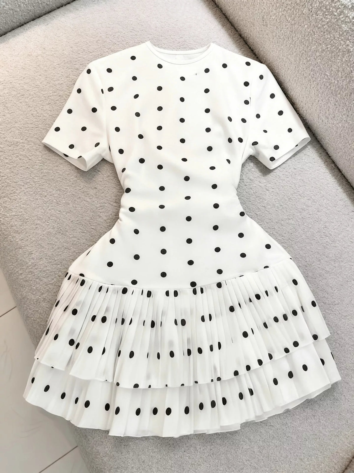 Trendsi Polka Dot Pleated Hem Mini Dress -