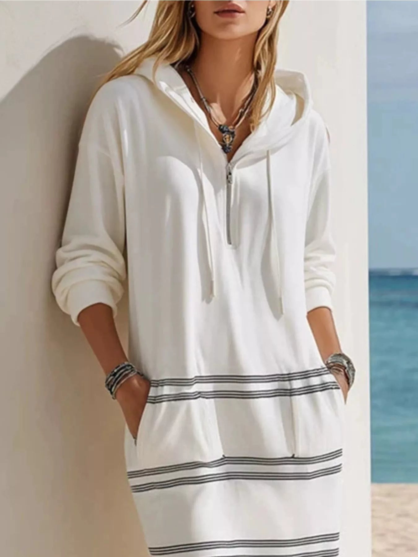 Trendsi Casual Striped Drawstring Hooded Dress -