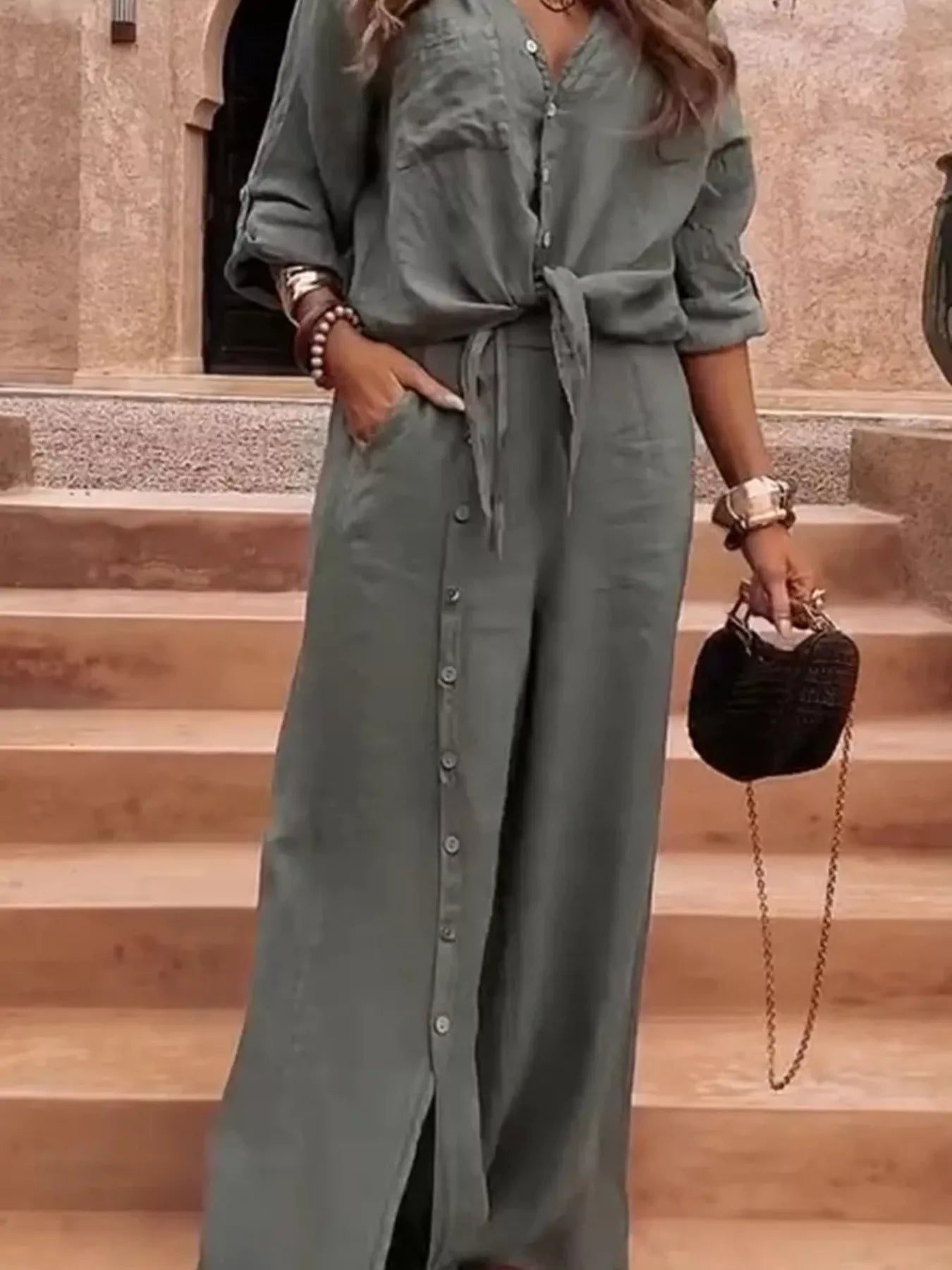 Trendsi Full Size Tie-Front Shirt and Button-Down Wide-Leg Pants Set Plus Size -