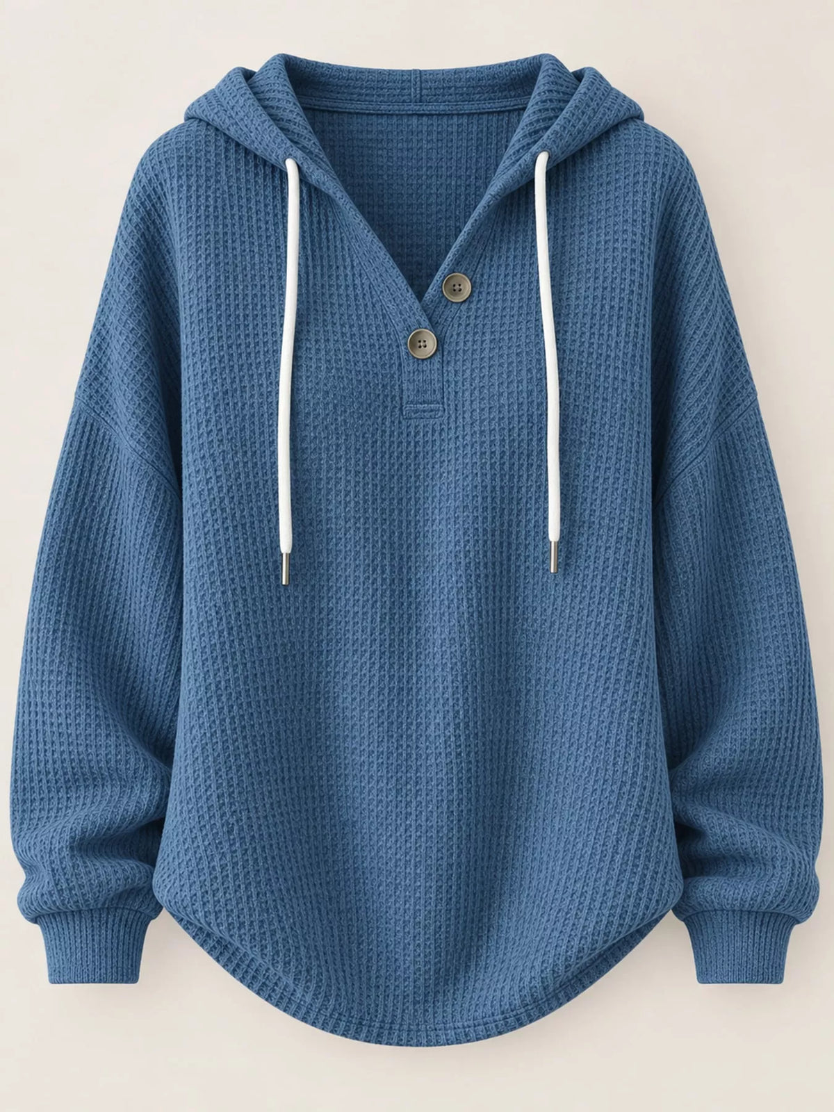 Waffle-knit hoodie, dusty blue flat lay