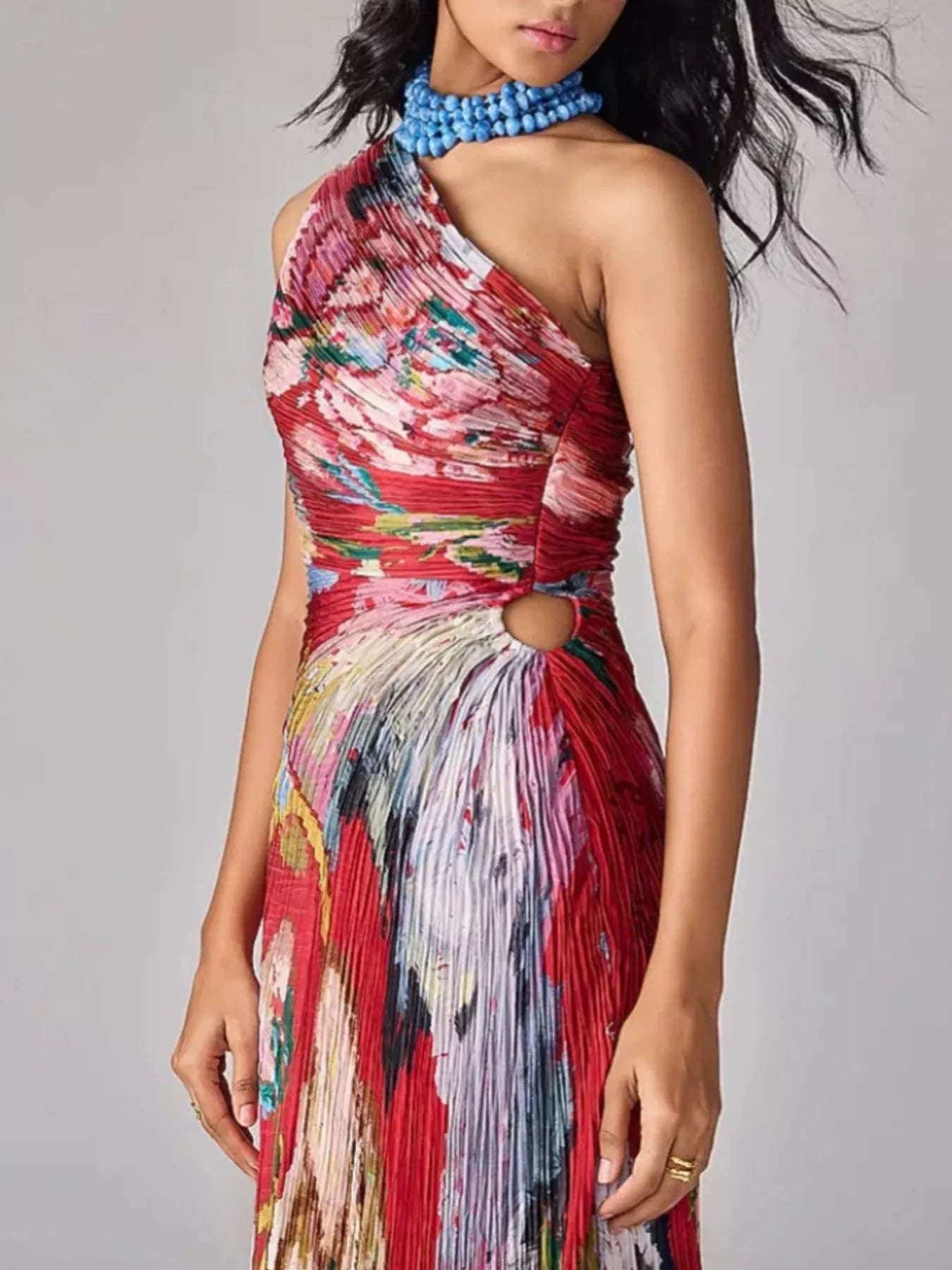 Trendsi One-Shoulder Pleated Floral Maxi Dress -