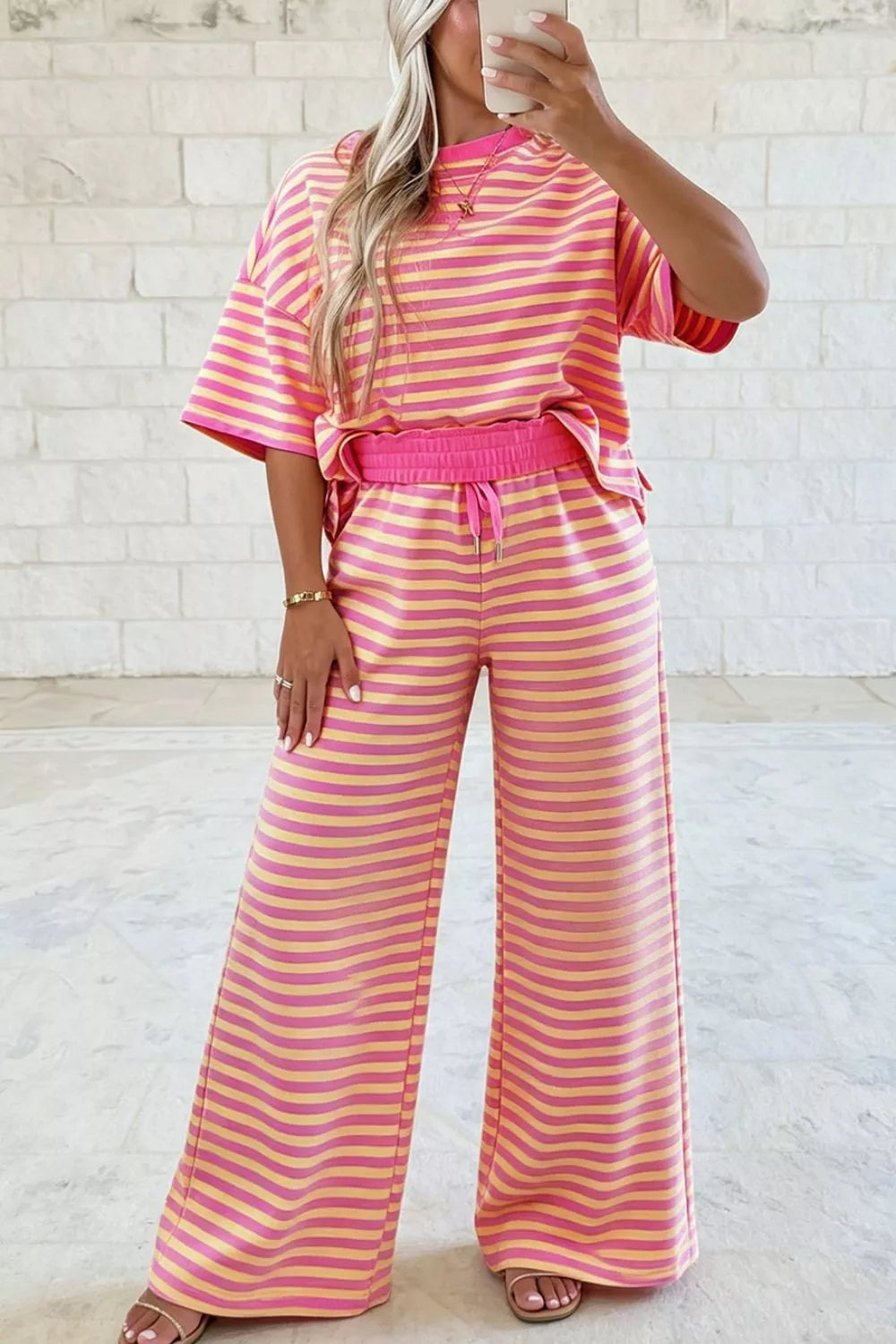 Trendsi Stripe Colorblock Trim Crew Neck Loose Tee Drawstring Elastic Waist 2pcs Pant Set -