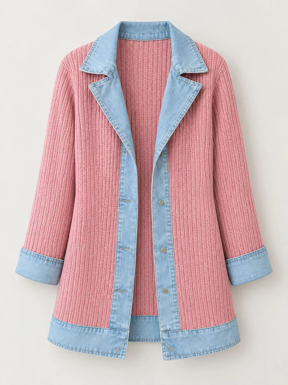 Pink denim trim ribbed knit cardigan