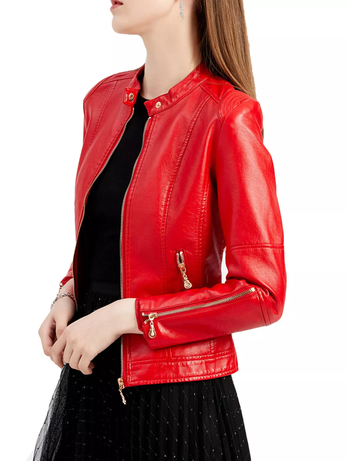 Slim Fit Faux Leather Moto Jacket — side view