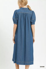 Trendsi Umgee Chambray Collared Puff Sleeve Dress -