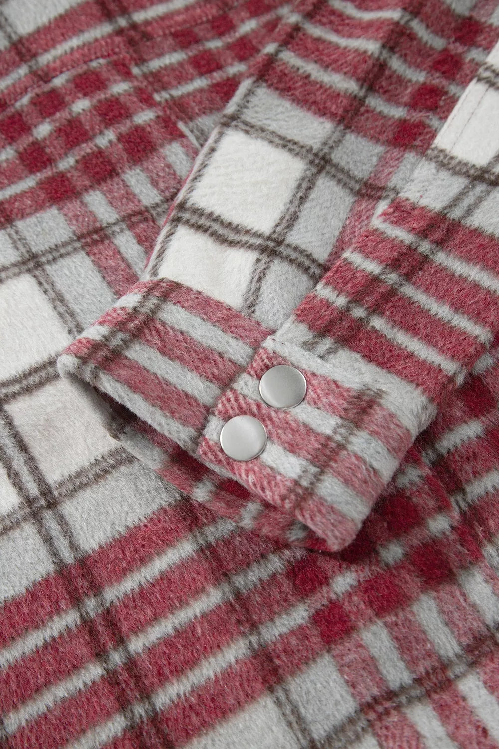Plaid Button-Collar Long Sleeve Jacket, cuff detail