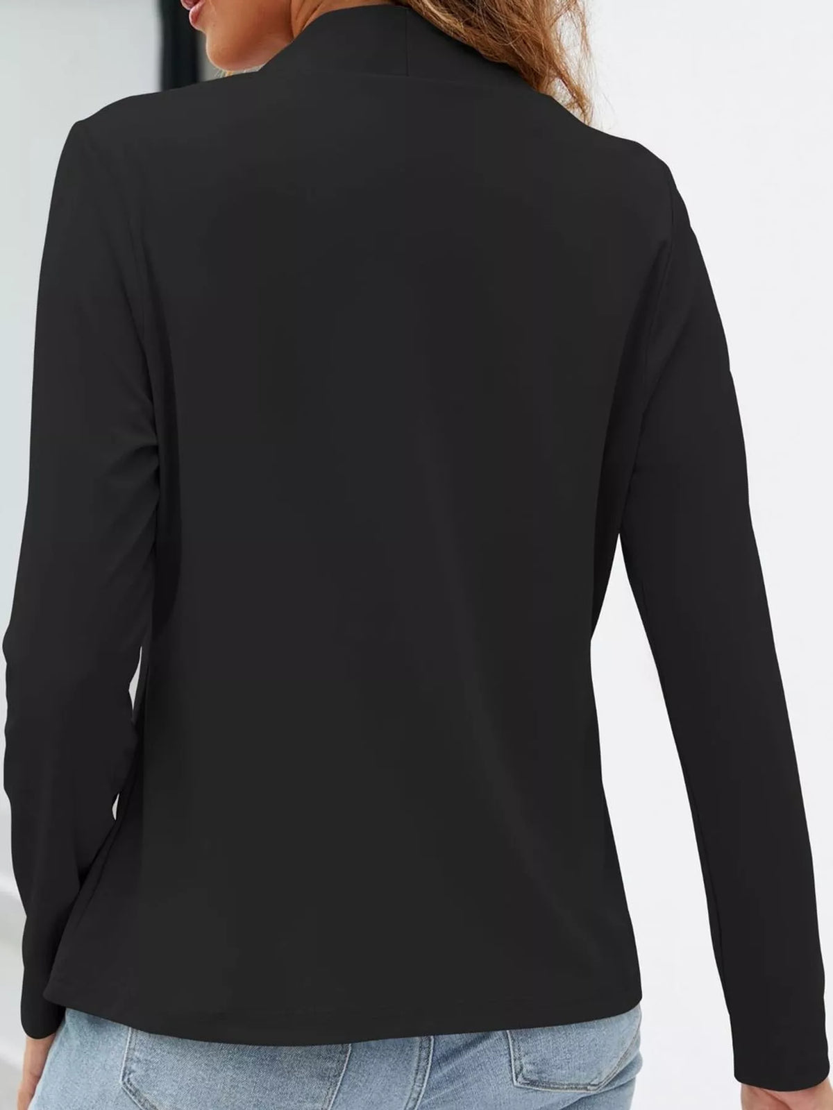 Mandarin neck long sleeve blazer, back view