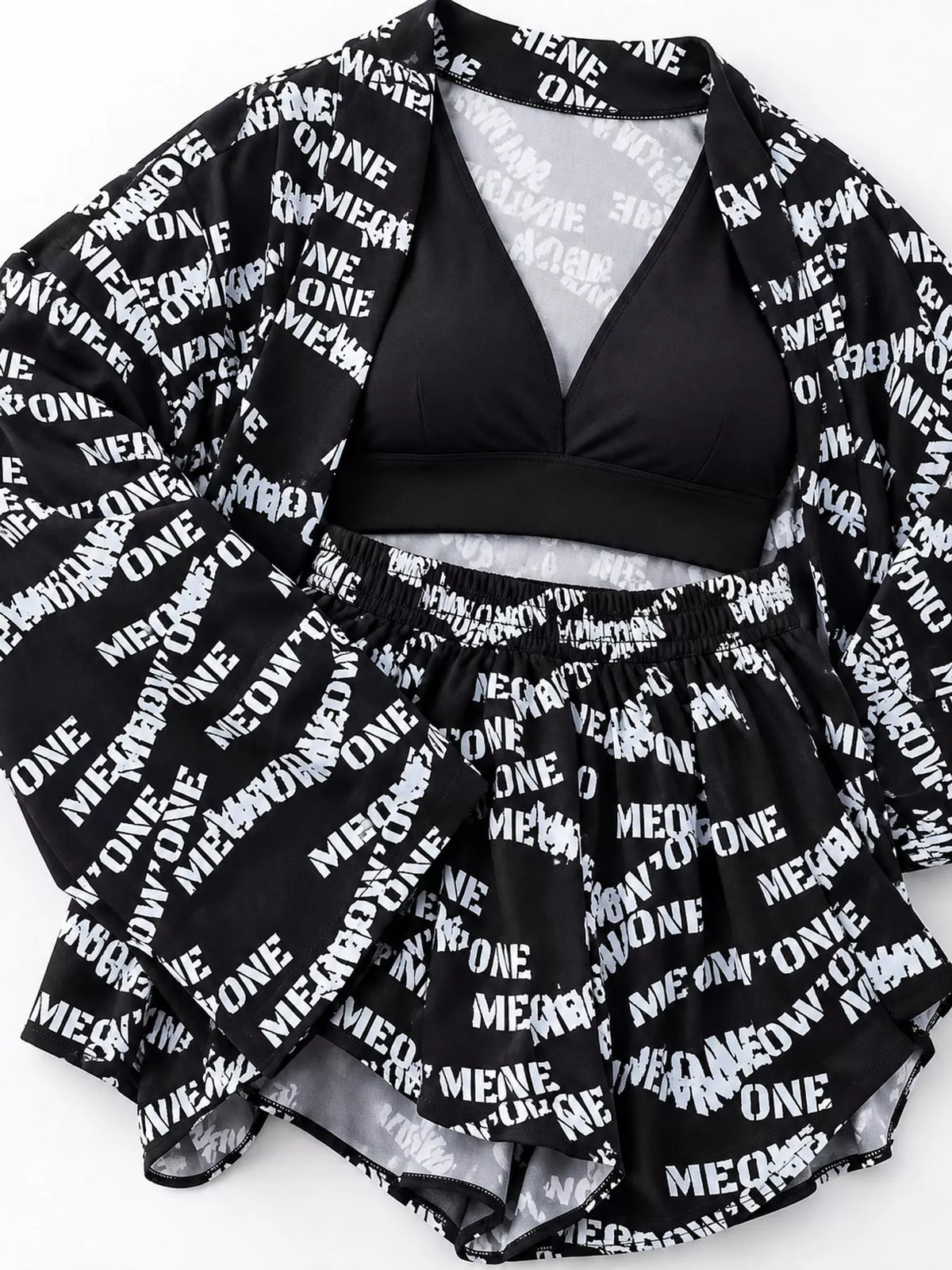 Printed cardigan and shorts set, black lettering-print flat set