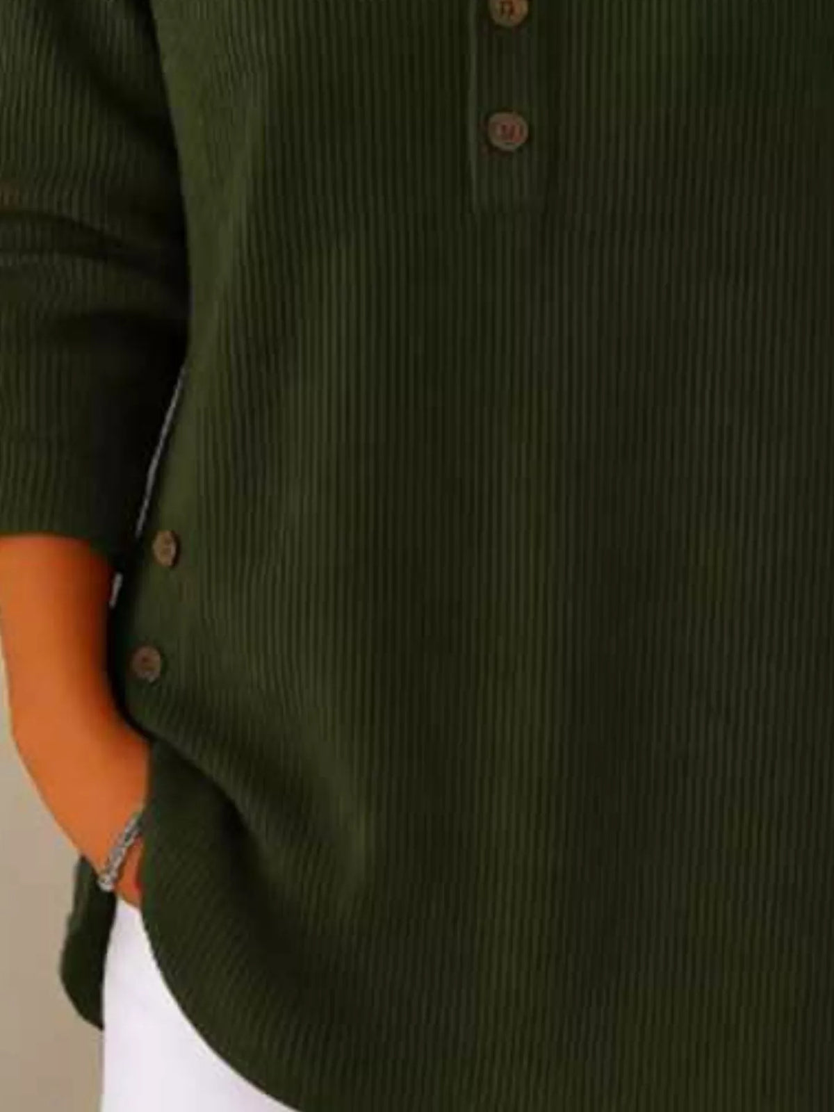 Women's Button Detail Corduroy Top in Green, back view