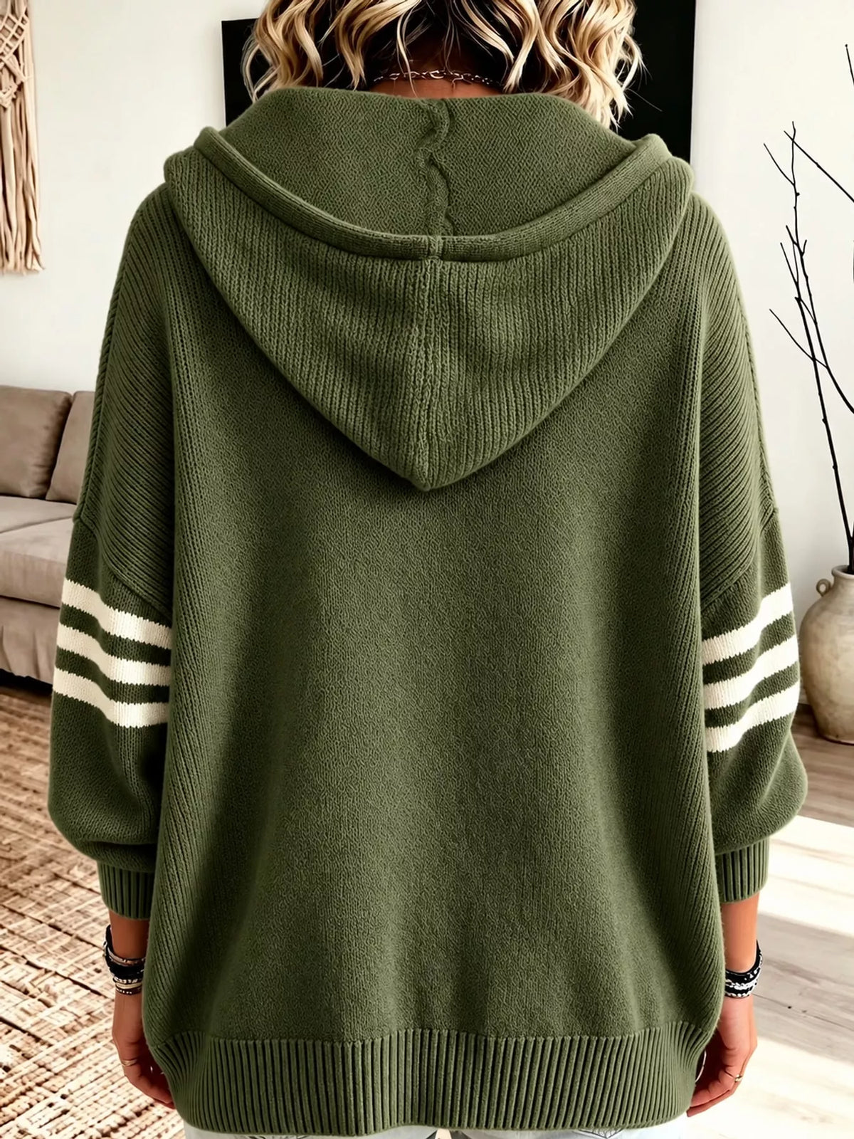 Army Green hooded zip-up knit cardigan, back view