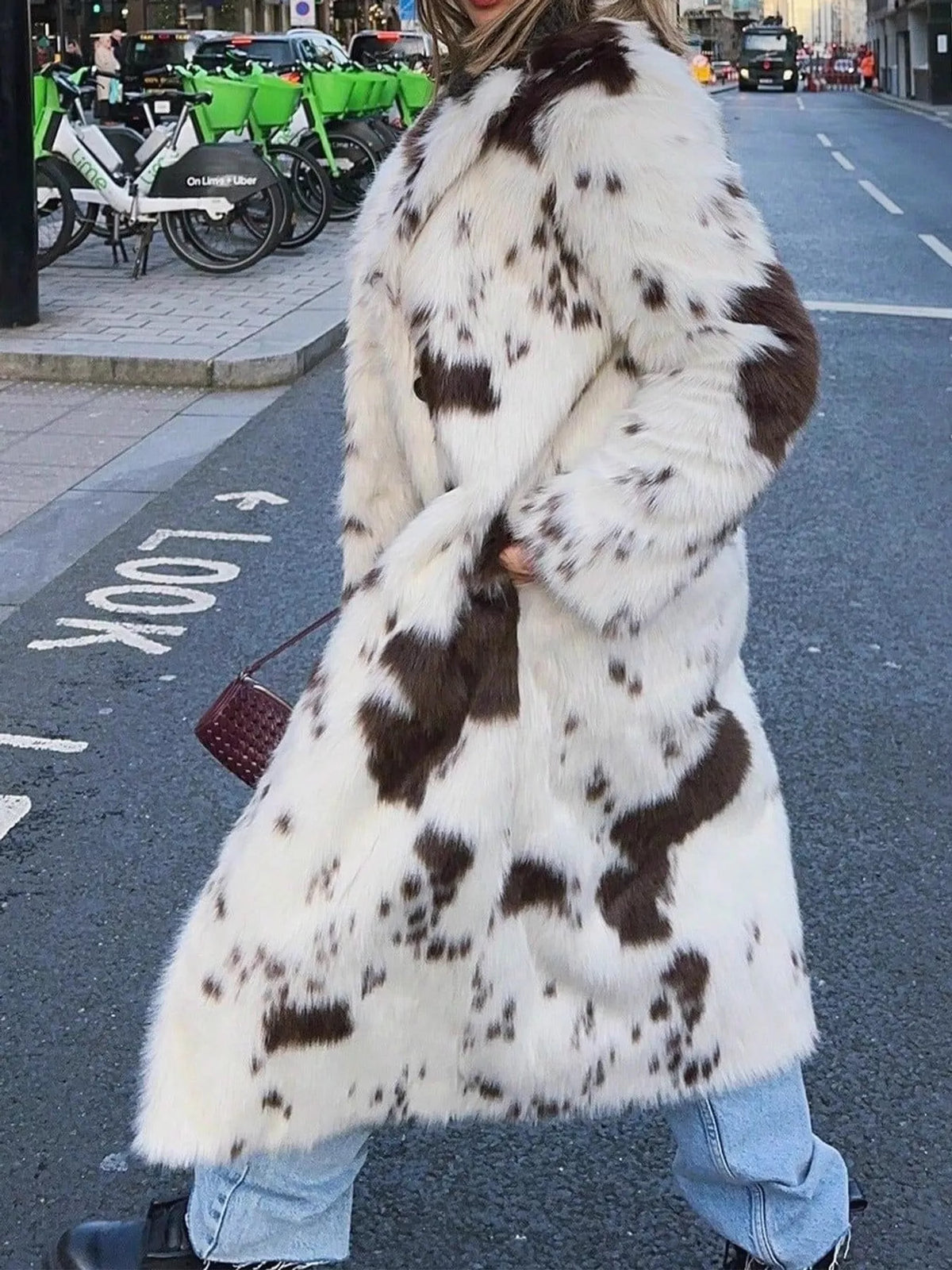 Cow Print Faux Fur Longline Coat, back view in animal print