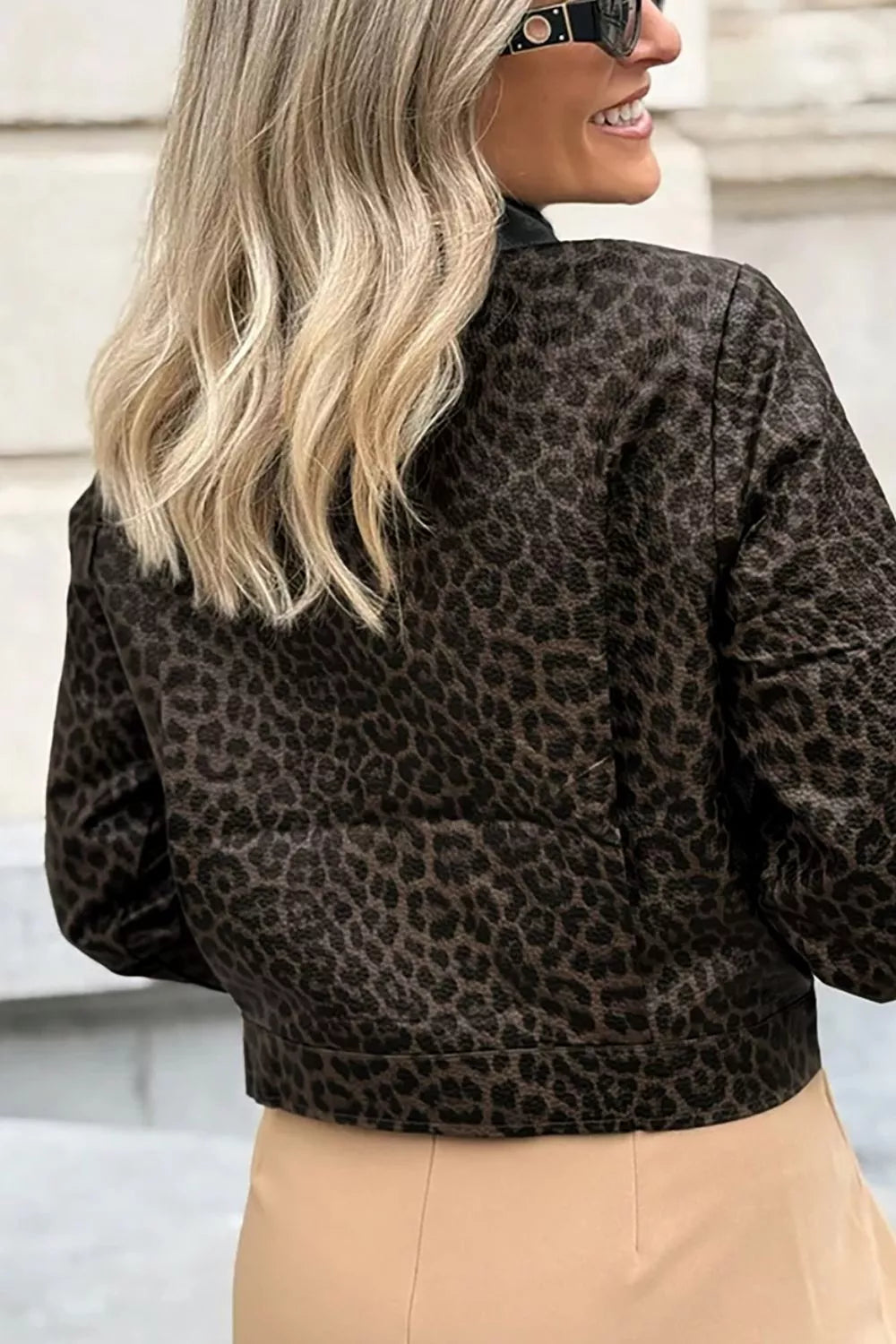Trendsi Leopard Print Cropped Faux Leather Jacket with Utility Pockets - Outerwear