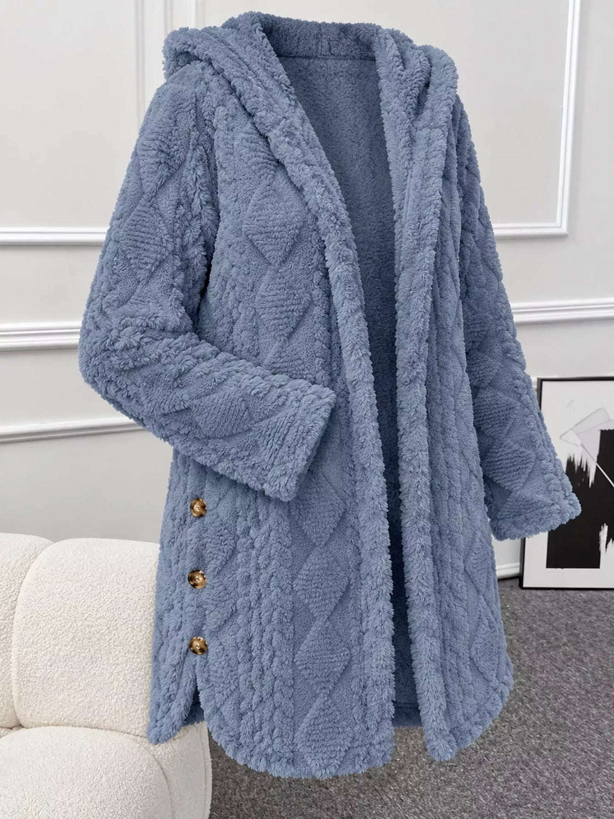 Blue cable knit faux fur hooded jacket