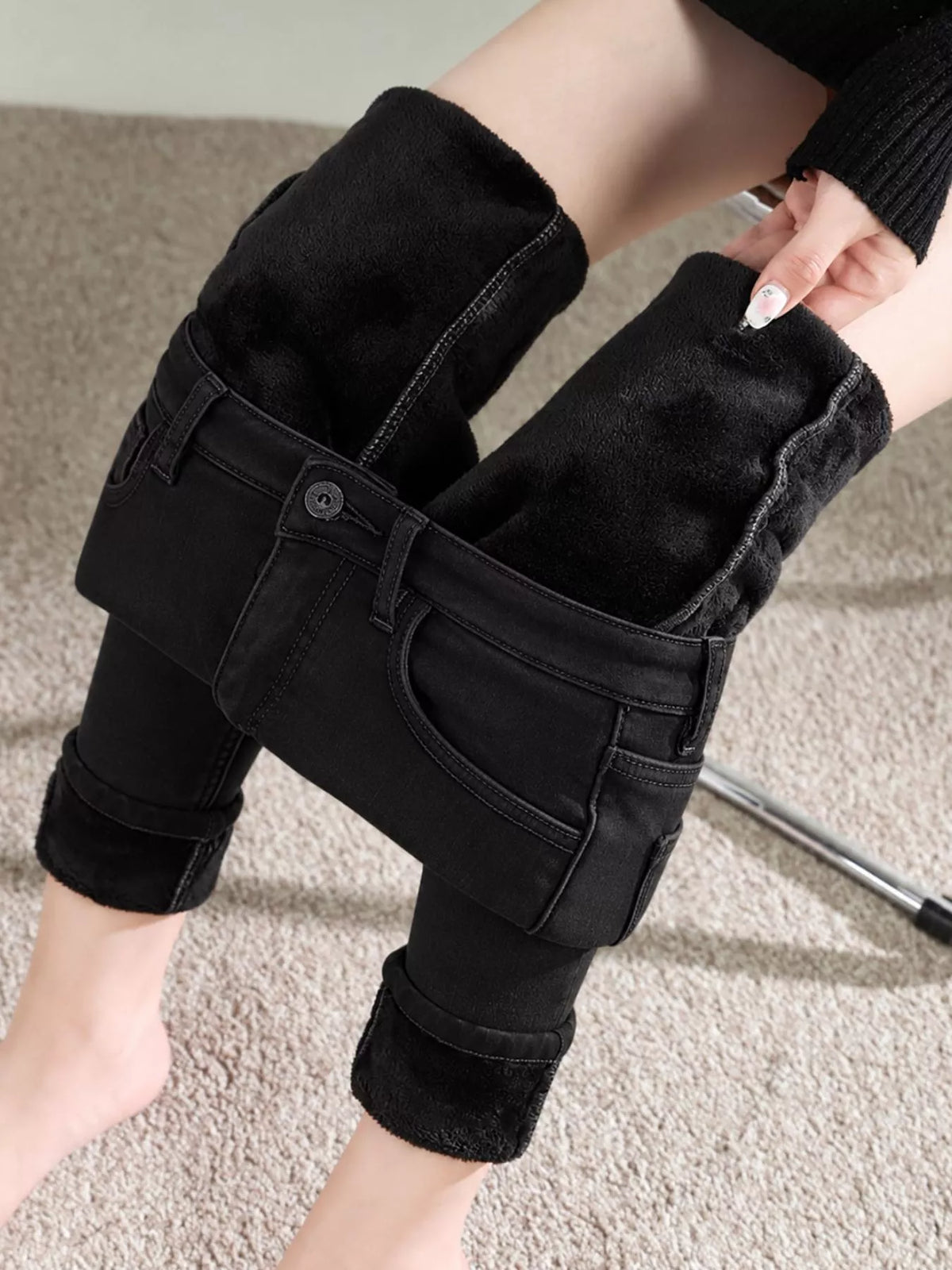 High-Waisted Slim-Fit Stretch Fleece Jeans — construction details