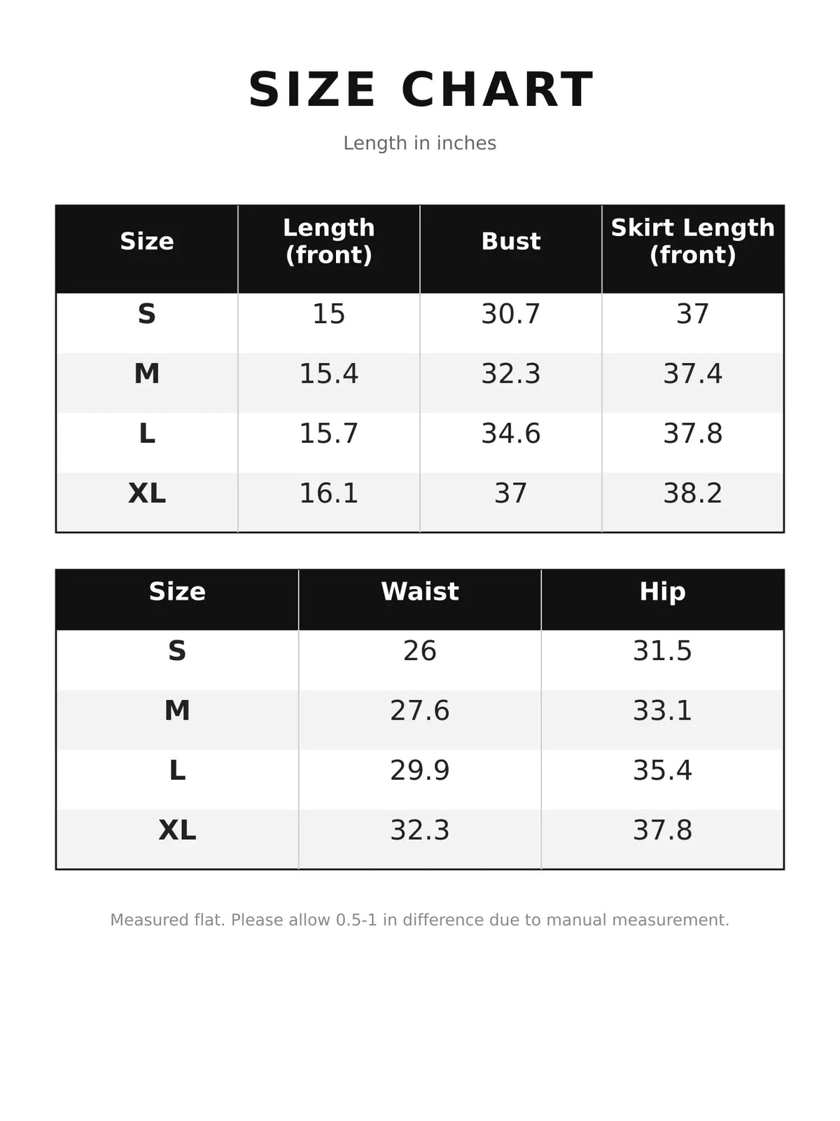 Size and measurement chart for top and skirt set