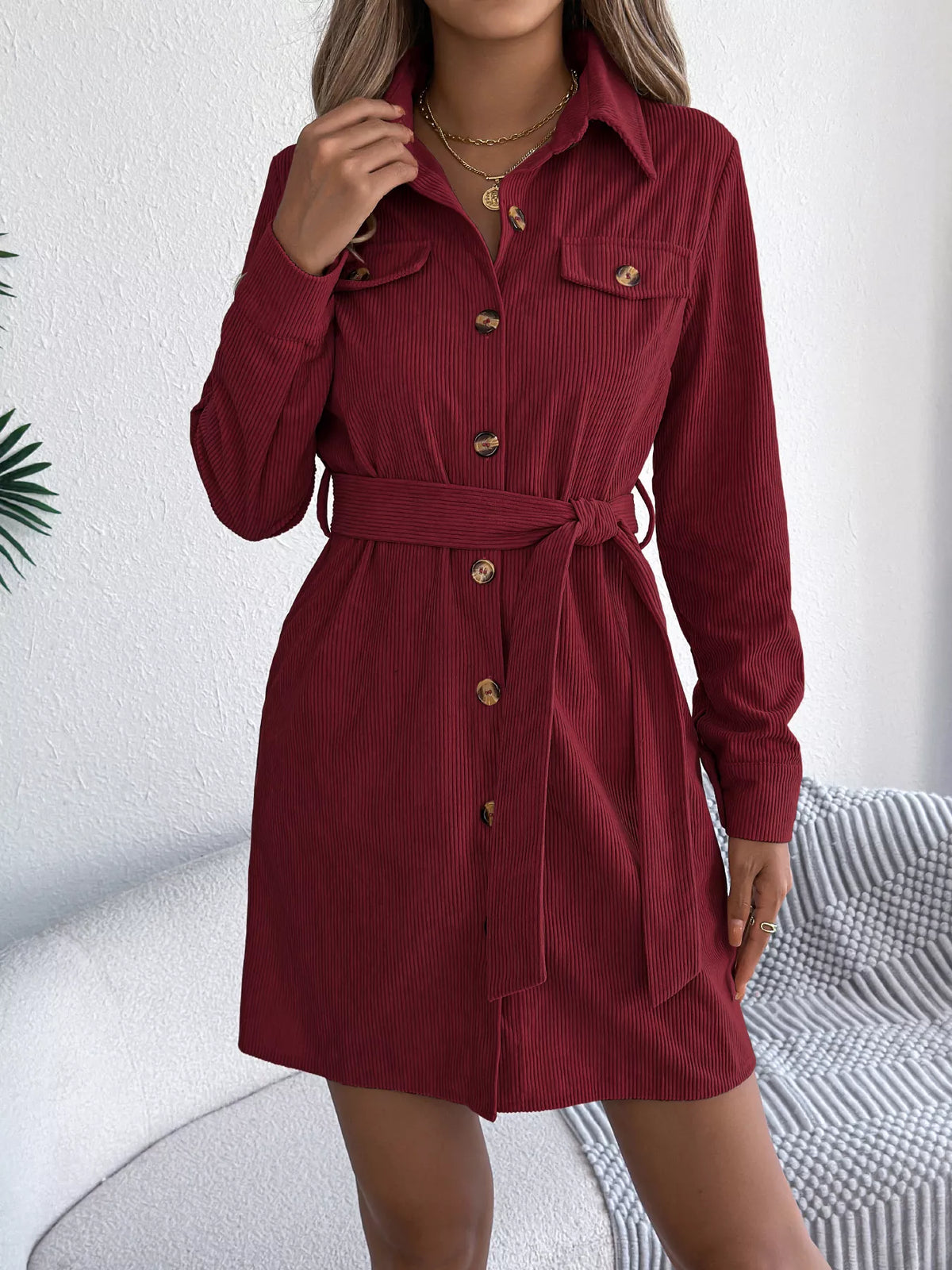 Corduroy Button-Down Shirt Dress in burgundy, front view