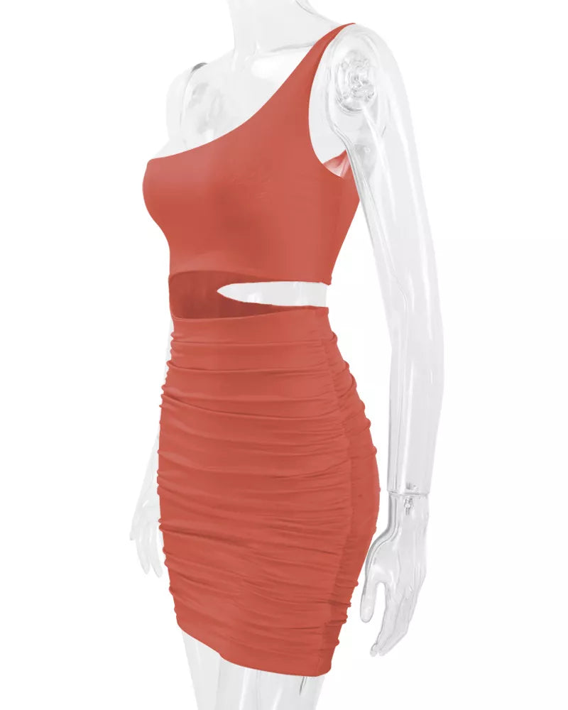 One-shoulder cutout dress, coral mannequin side