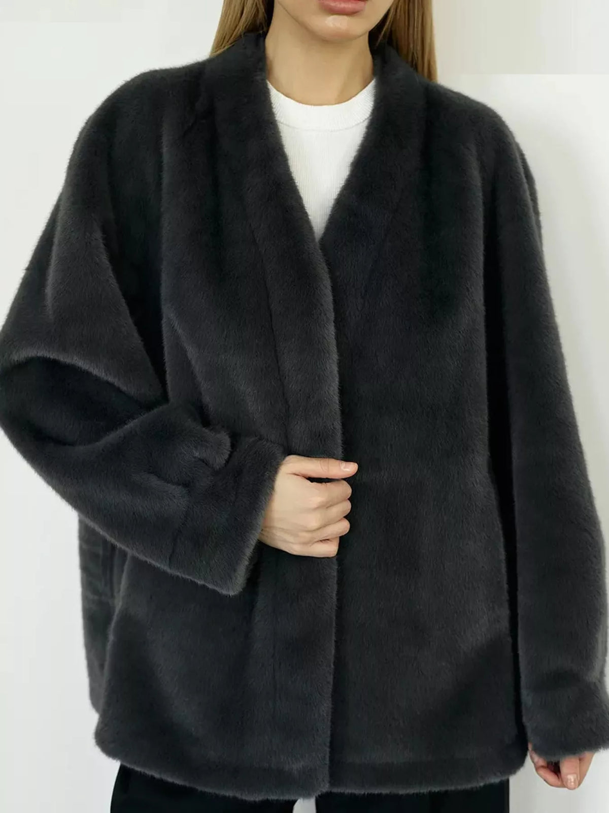 long sleeve jacket, front view on model