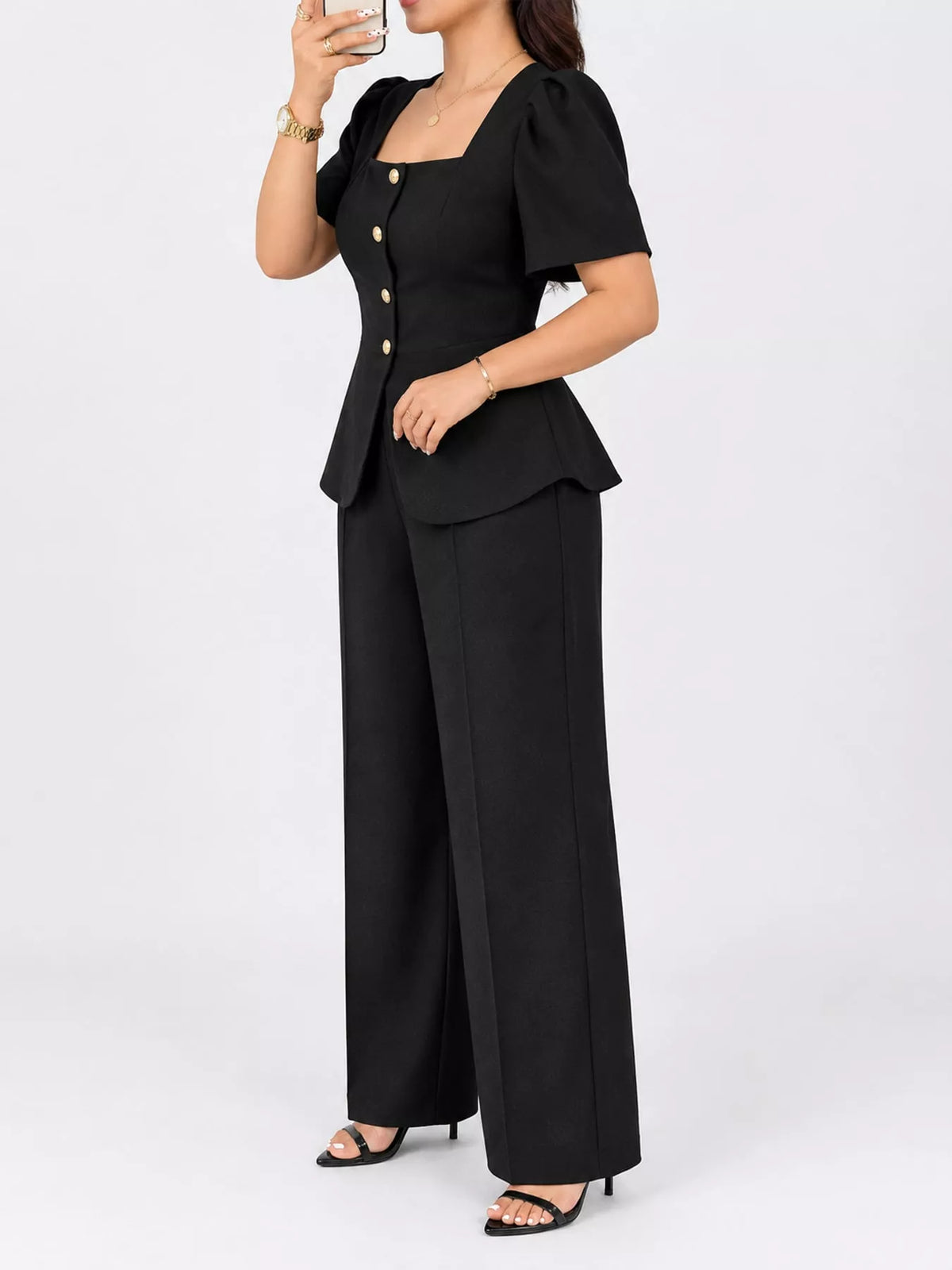 Peplum top and pants set, black side