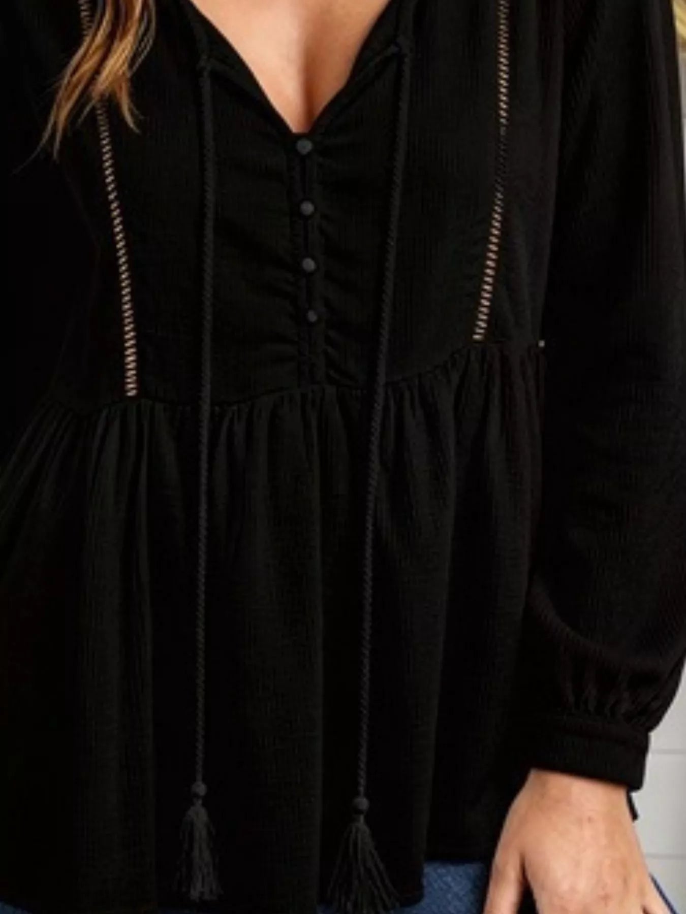 Trendsi Tassel Drawstring Long Sleeve Peplum Top -