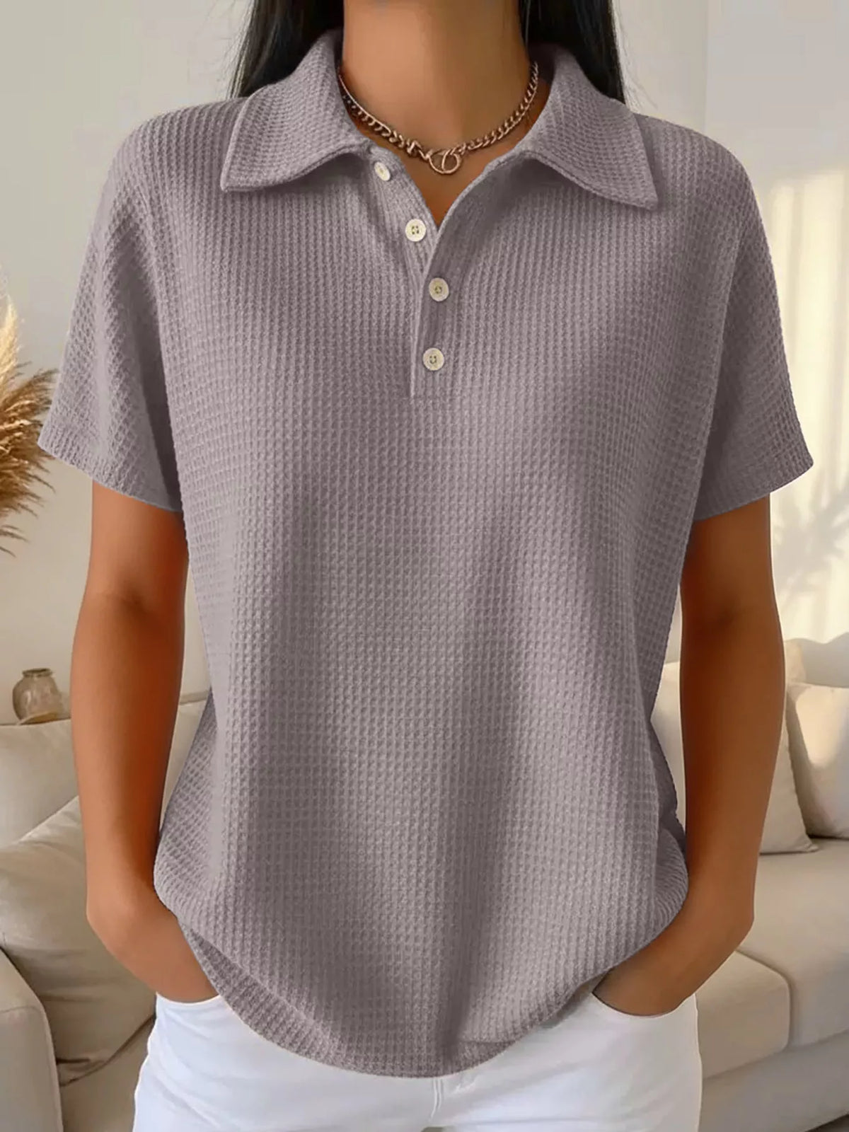 Waffle Knit Quarter-Button Polo T-Shirt — front view
