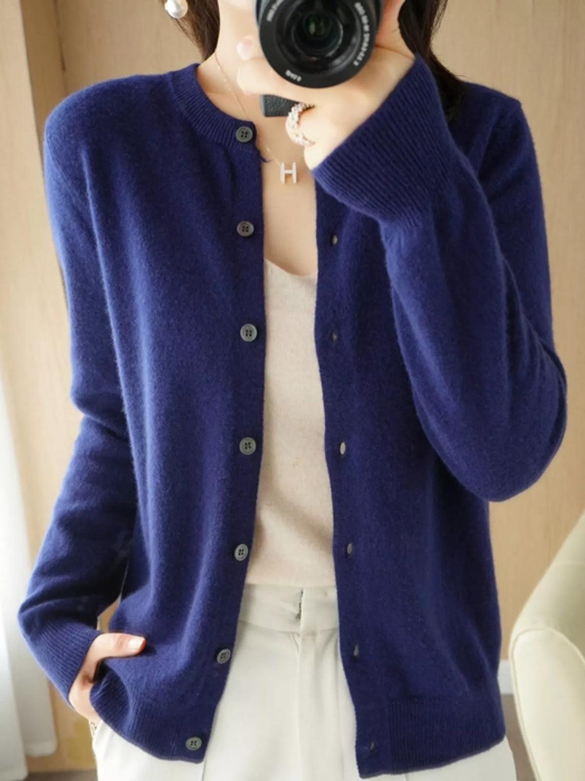 Navy crew neck button-front cardigan