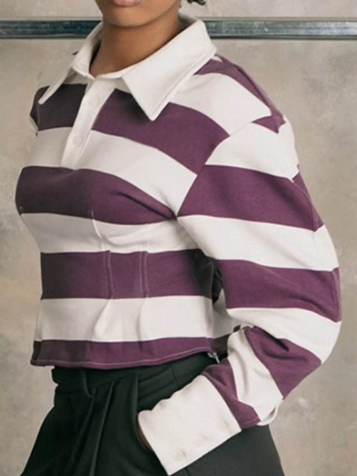 Collared long sleeve top, side view