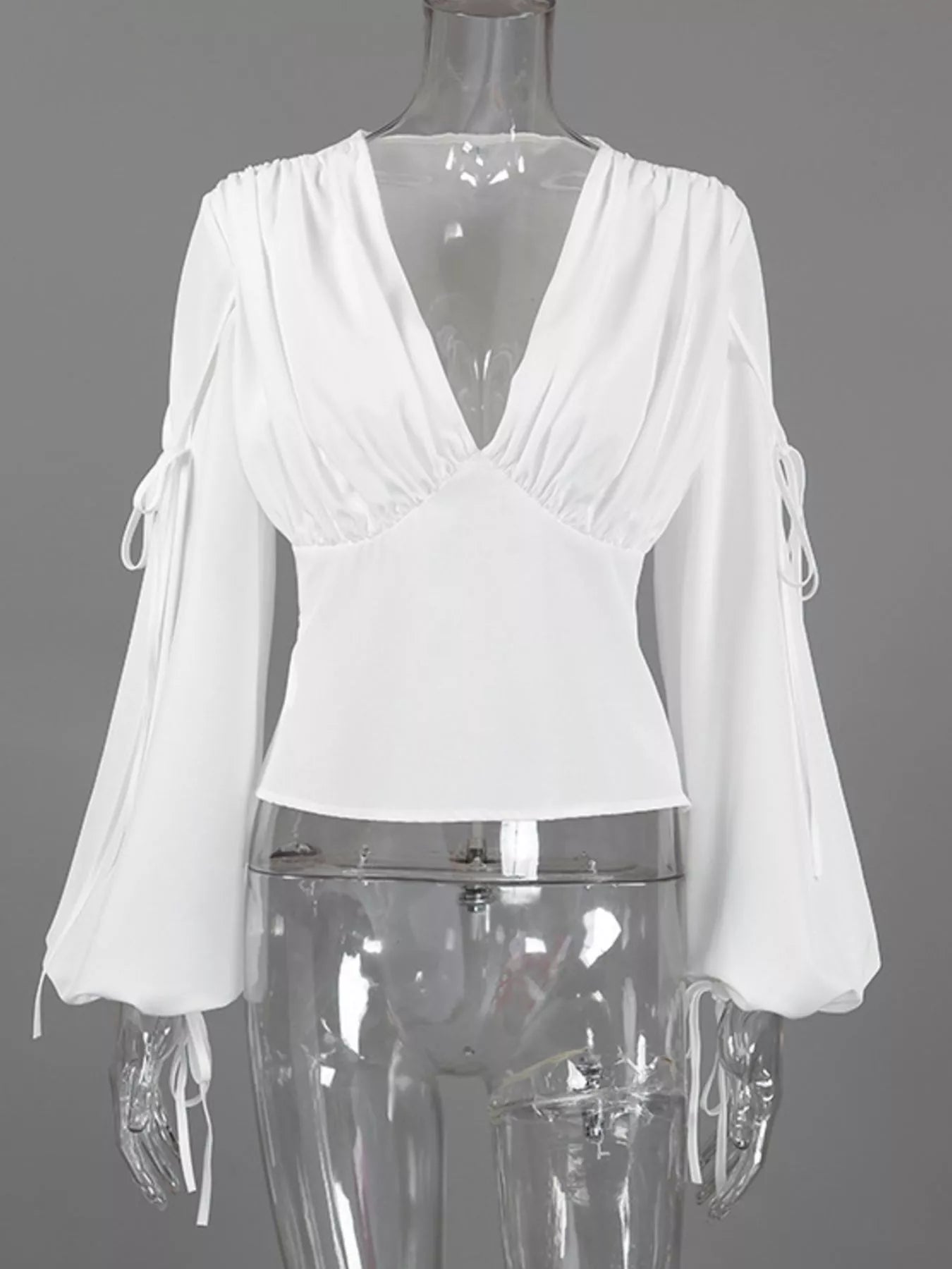 Trendsi Tied V-Neck Balloon Sleeve Blouse -