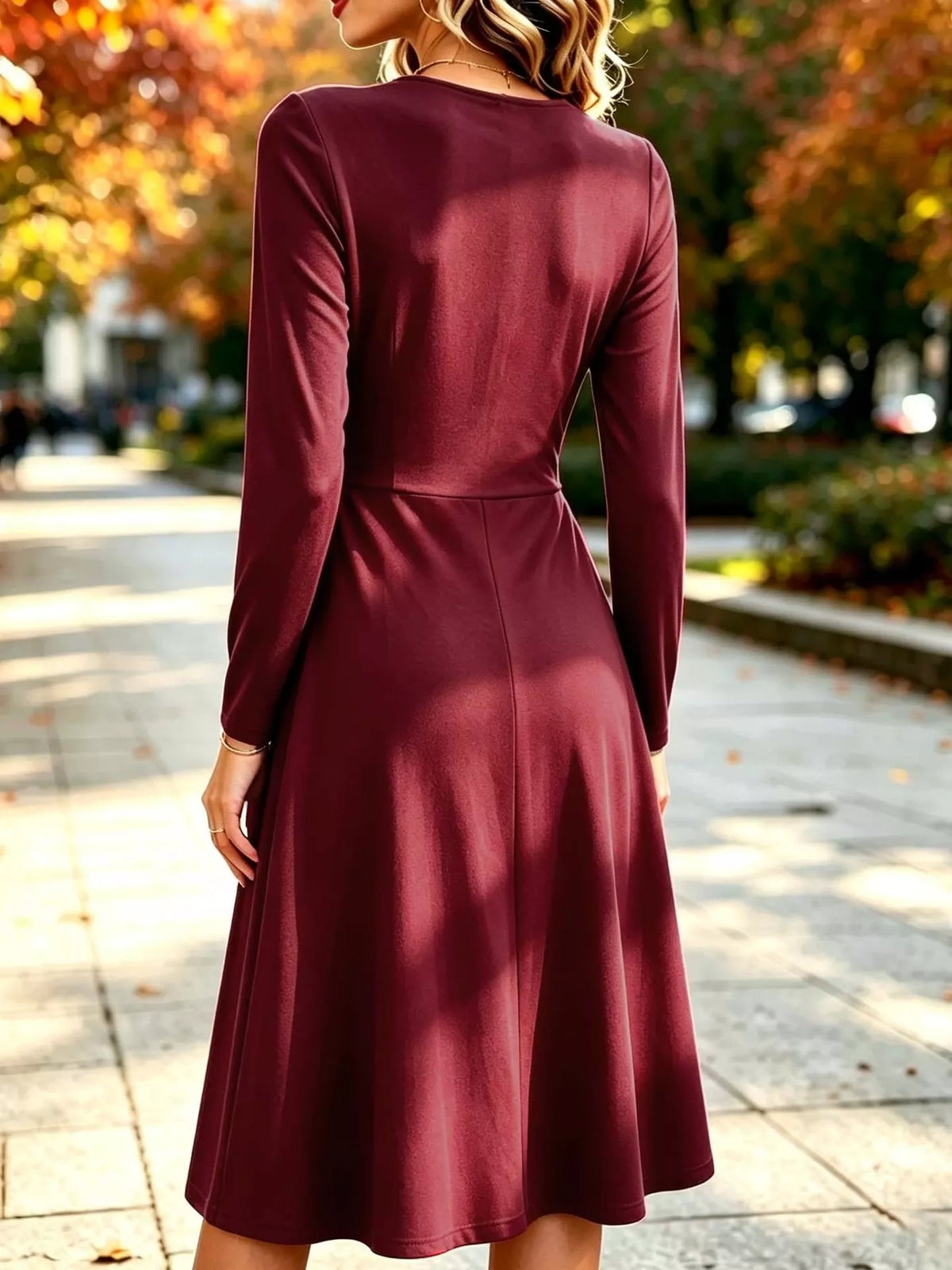 Women's V-Neck Ruched Waist Long Sleeve Midi Dress in burgundy — back view