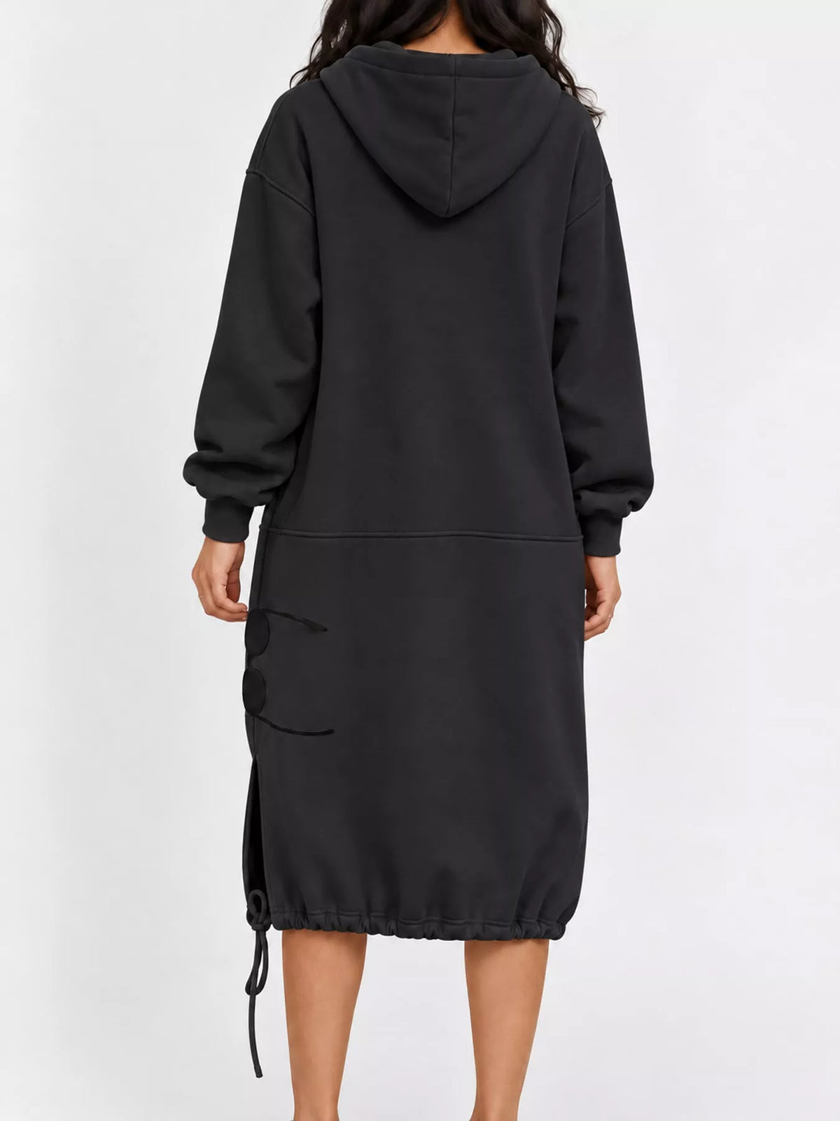 Black hooded sweatshirt midi dress with drawstring hem, back view