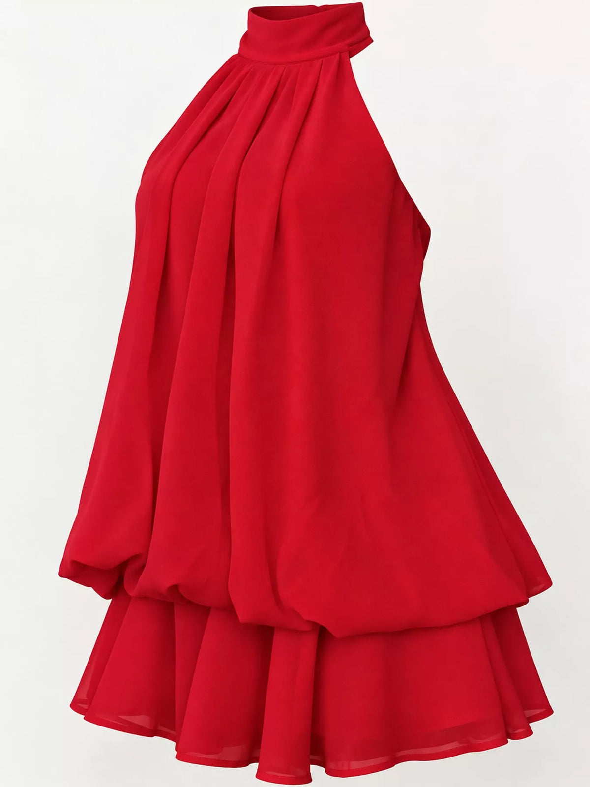 Red halter neck layered mini dress, layered skirt detail