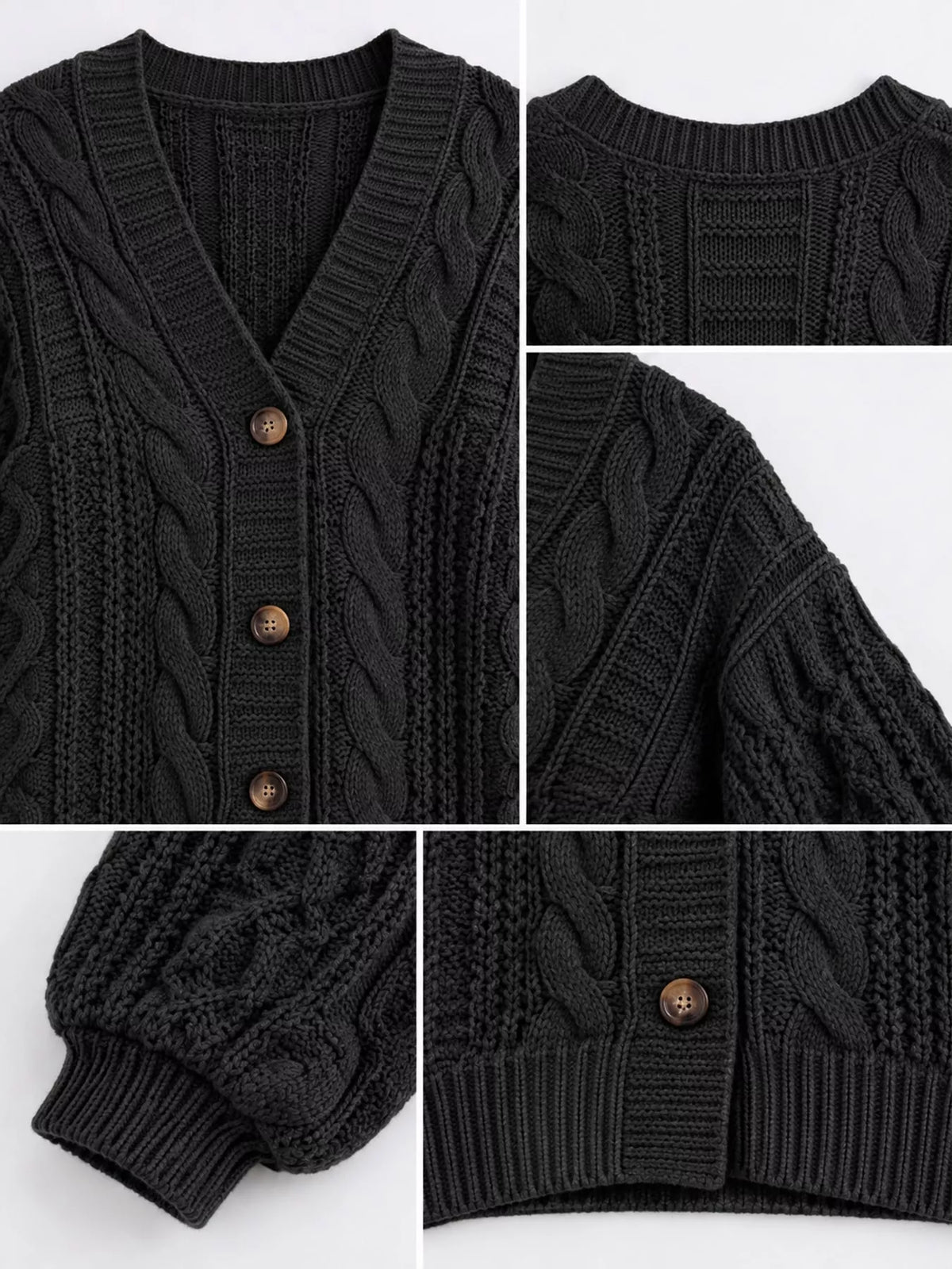 Black cable knit button-down cardigan, cable knit neckline, button, cuff, and hem