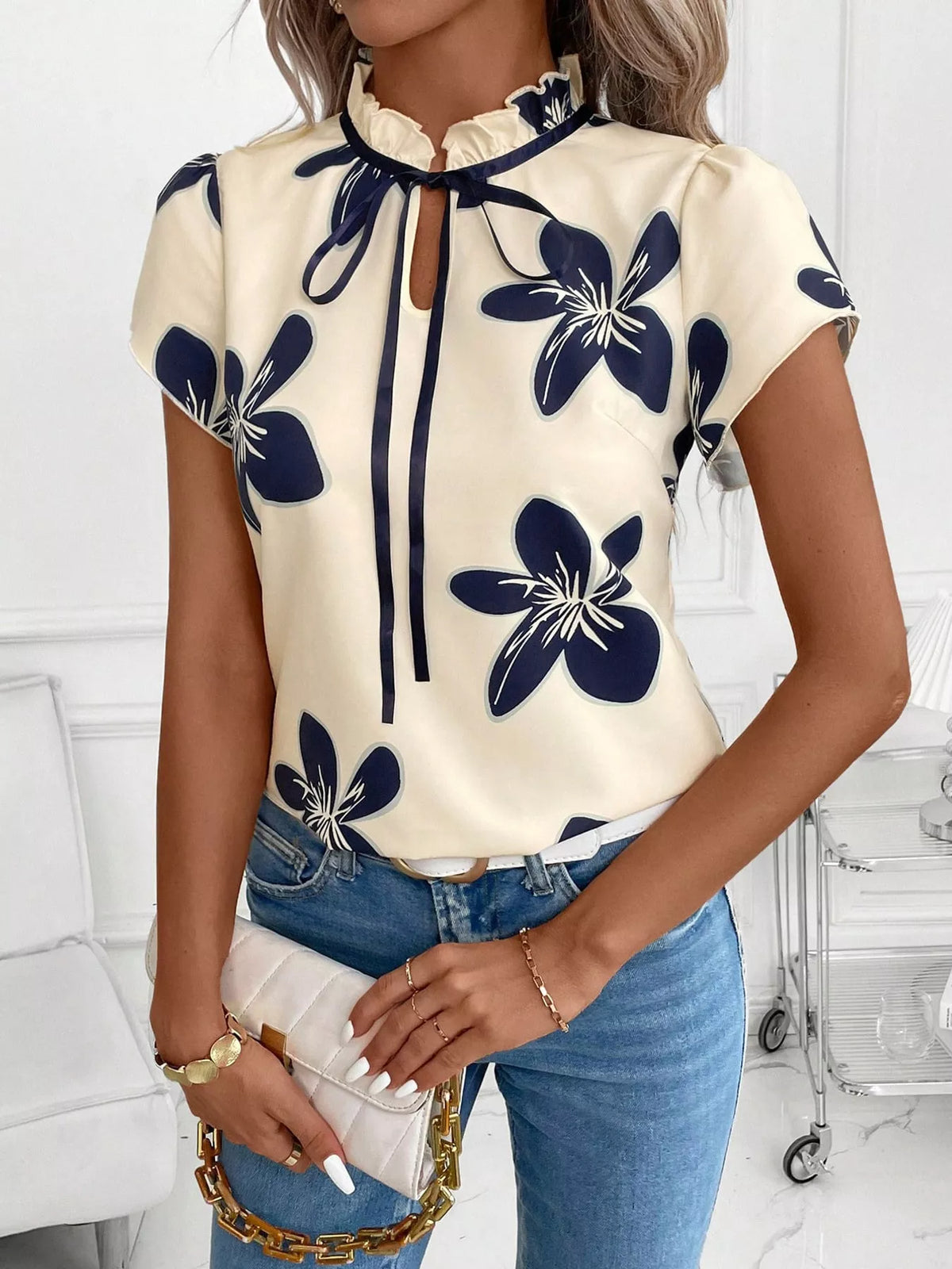 Contrast Trim Ruffle Sleeve Tie-Front Blouse in apricot with an orchid print