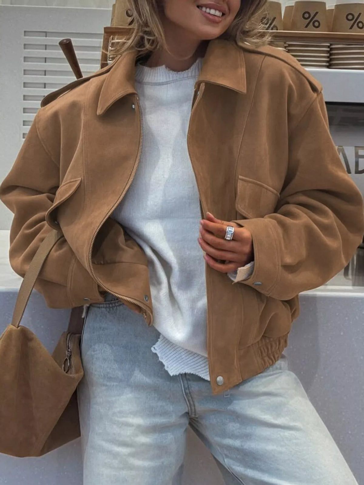 Elastic Hem Long Sleeve Jacket — front view