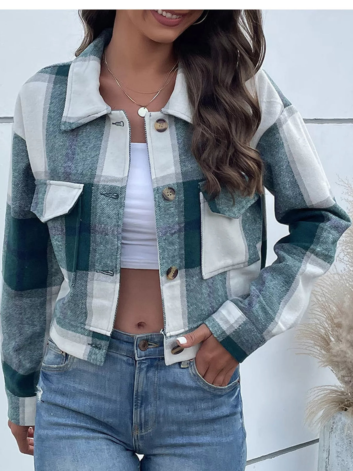 Plaid cropped jacket, green plaid open front