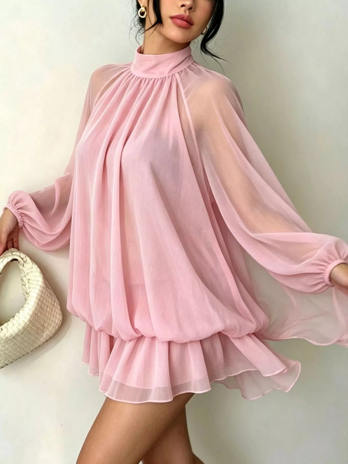Pink mock neck sheer chiffon mini dress