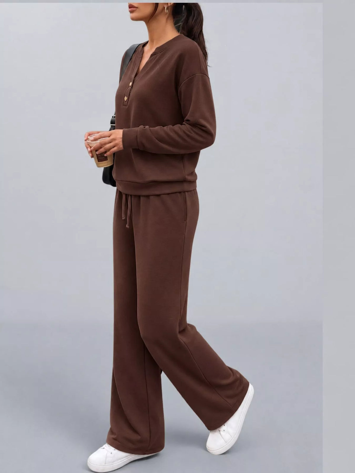 Brown button detail top and wide-leg pants set — side view