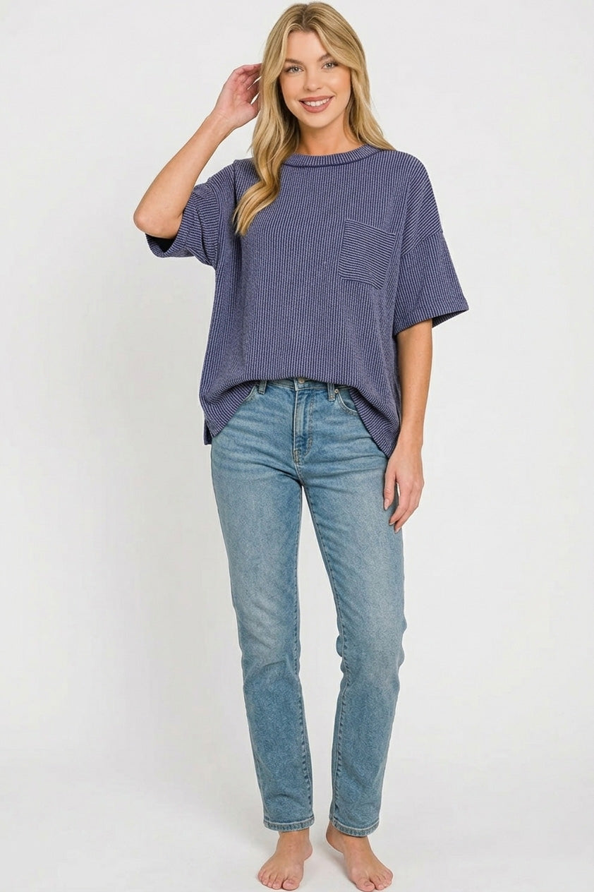 Women's Striped Ribbed Short Sleeve Top With Front Pocket — product view 3