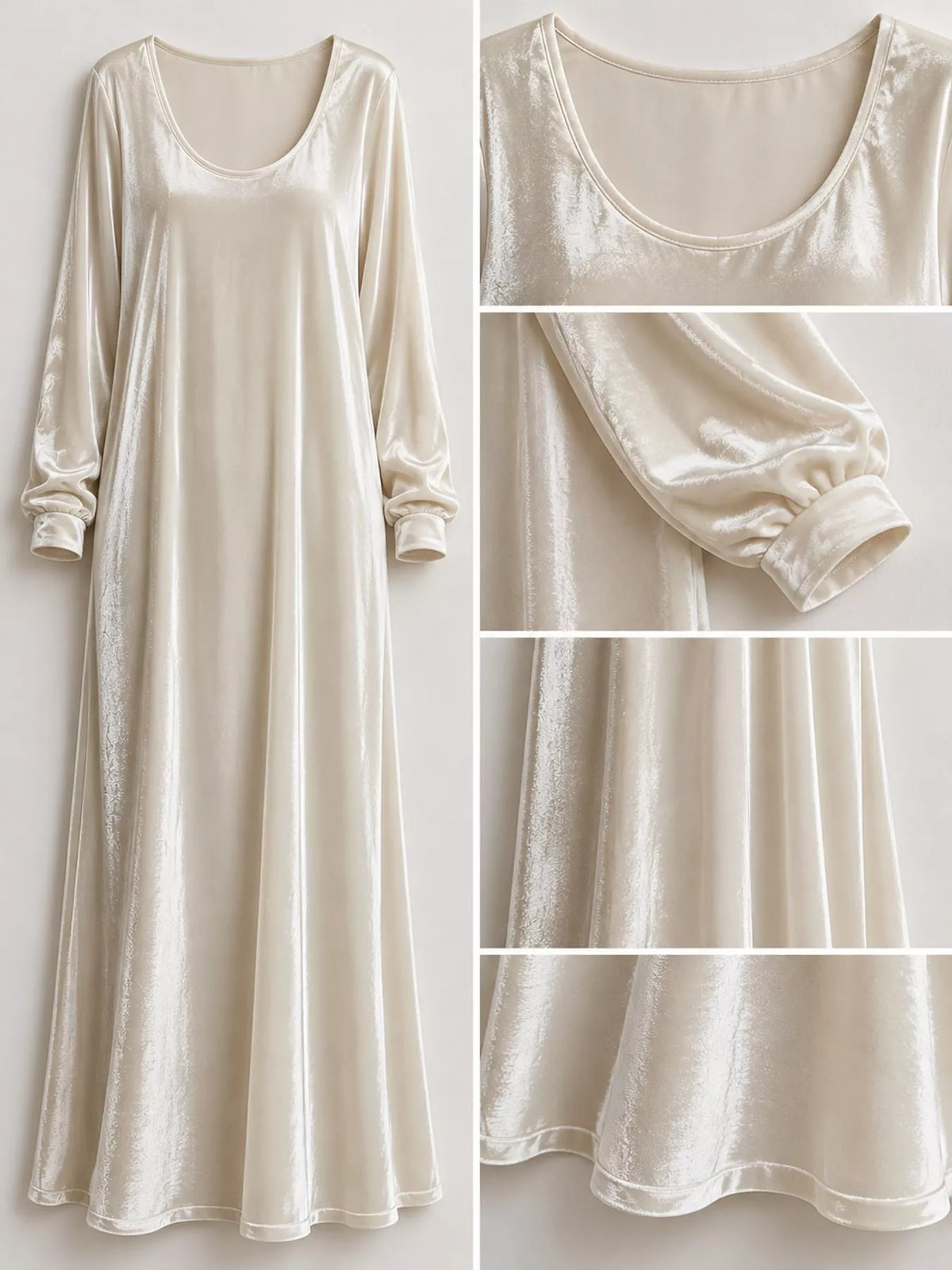Velvet maxi dress, ivory neckline cuff fabric collage