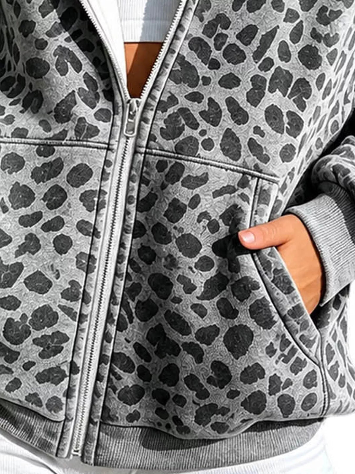 Women's Leopard Zip Up Hoodie in gray — pocket detail view