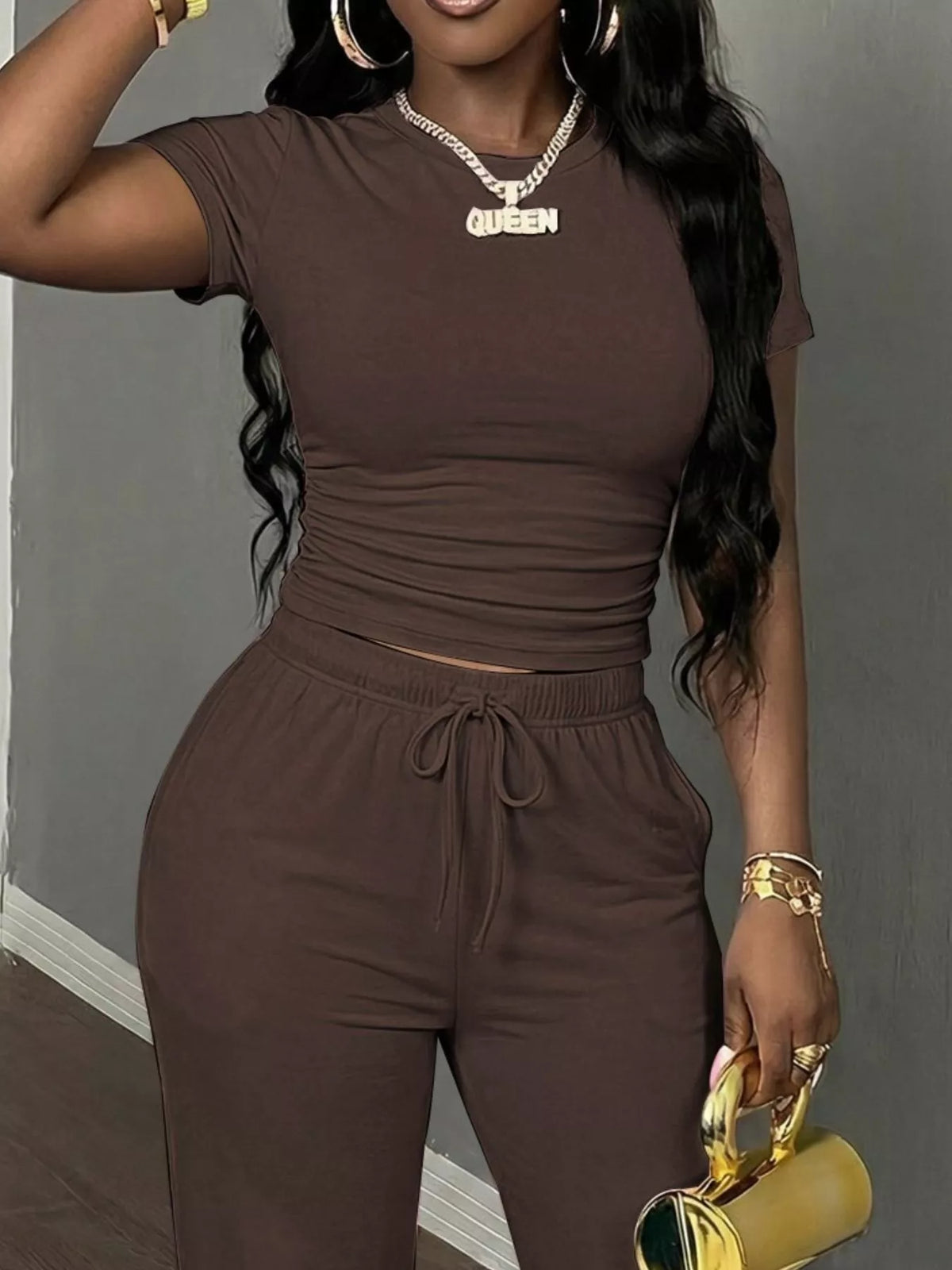 Dark Brown Short Sleeve Top and Wide-Leg Pants Set, top detail