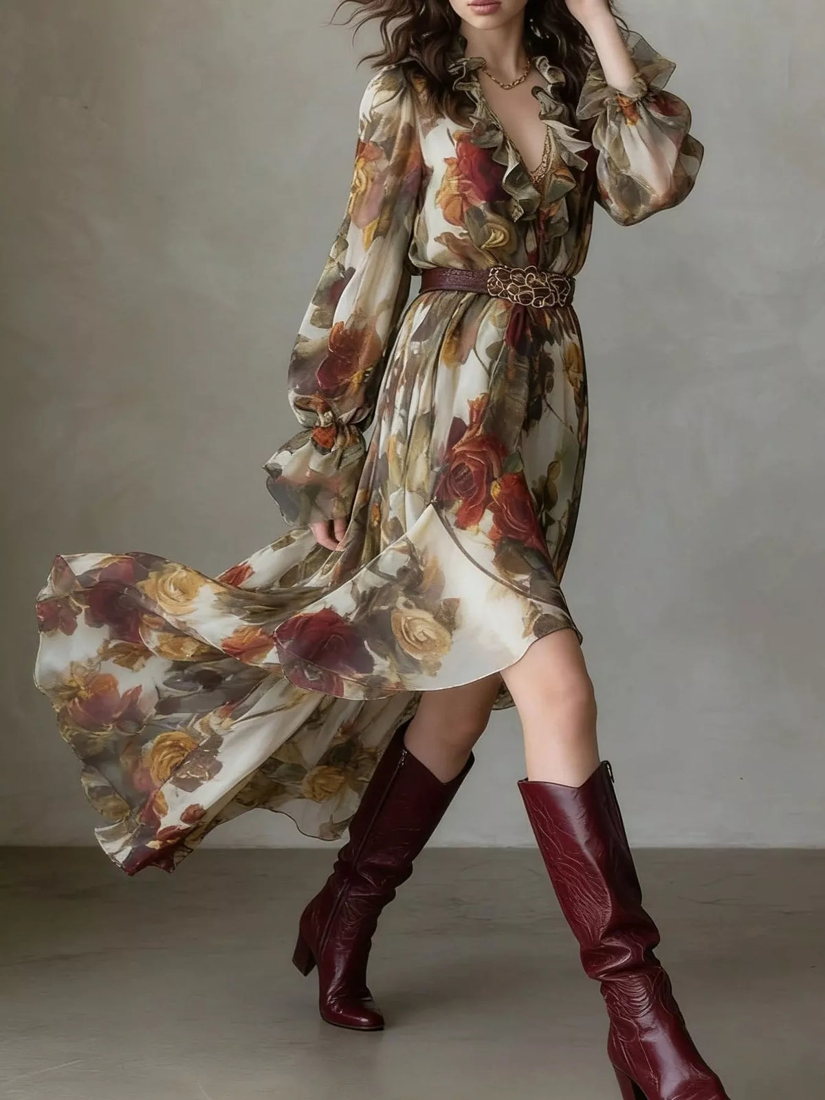 Women's Floral Print Ruffle Trim High-Low Chiffon Maxi Dress in Floral, detail view