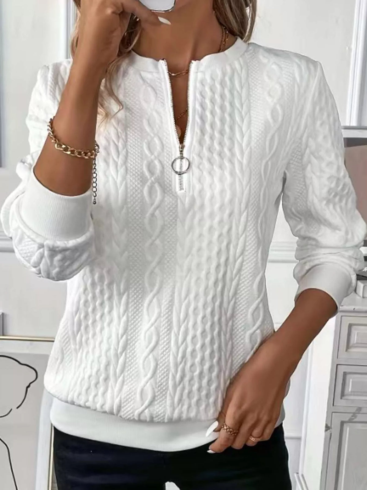 Quarter-Zip Cable Knit Sweatshirt — front view