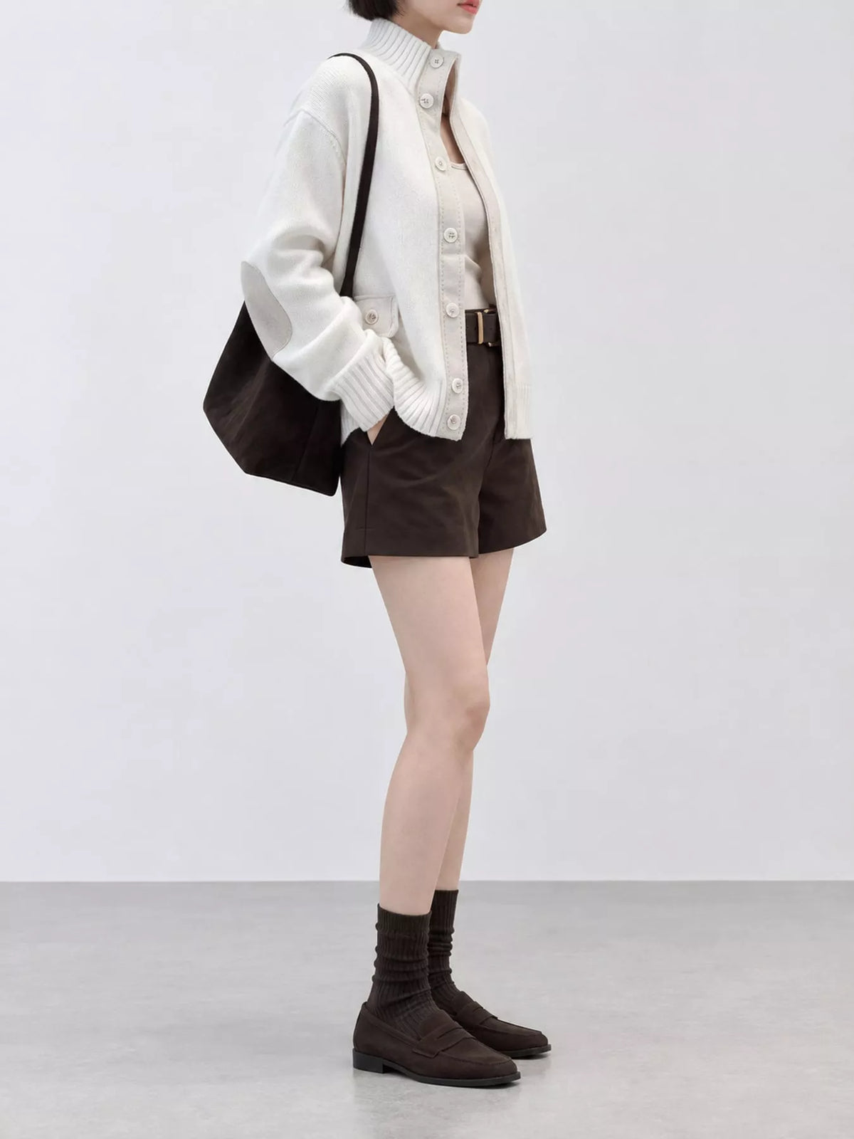 Ribbed-Knit Mock Neck Cardigan in white, side view