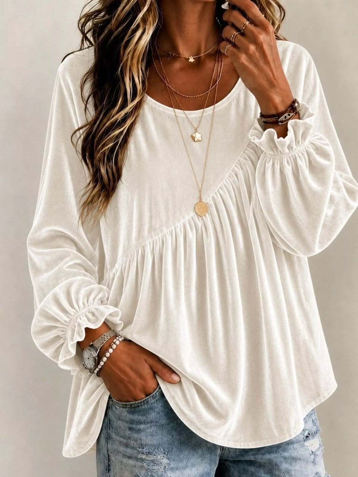 Trendsi Full Size Velvet Round Neck Long Sleeve Blouse Plus Size -