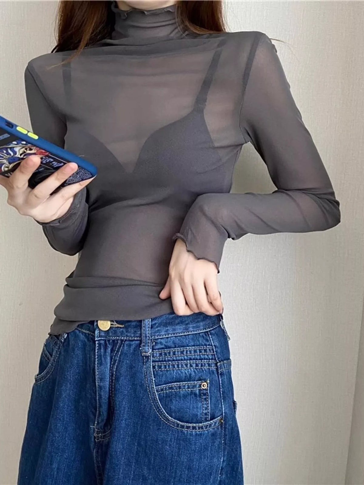 Gray sheer turtleneck mesh t-shirt