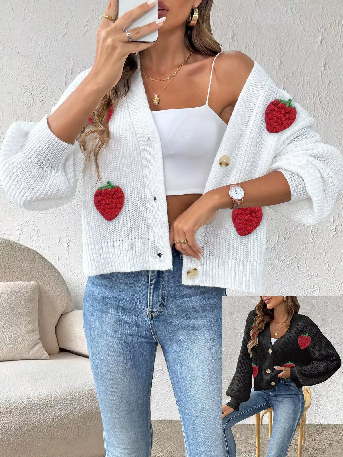 White Strawberry Applique Button-Up Cardigan close-up view