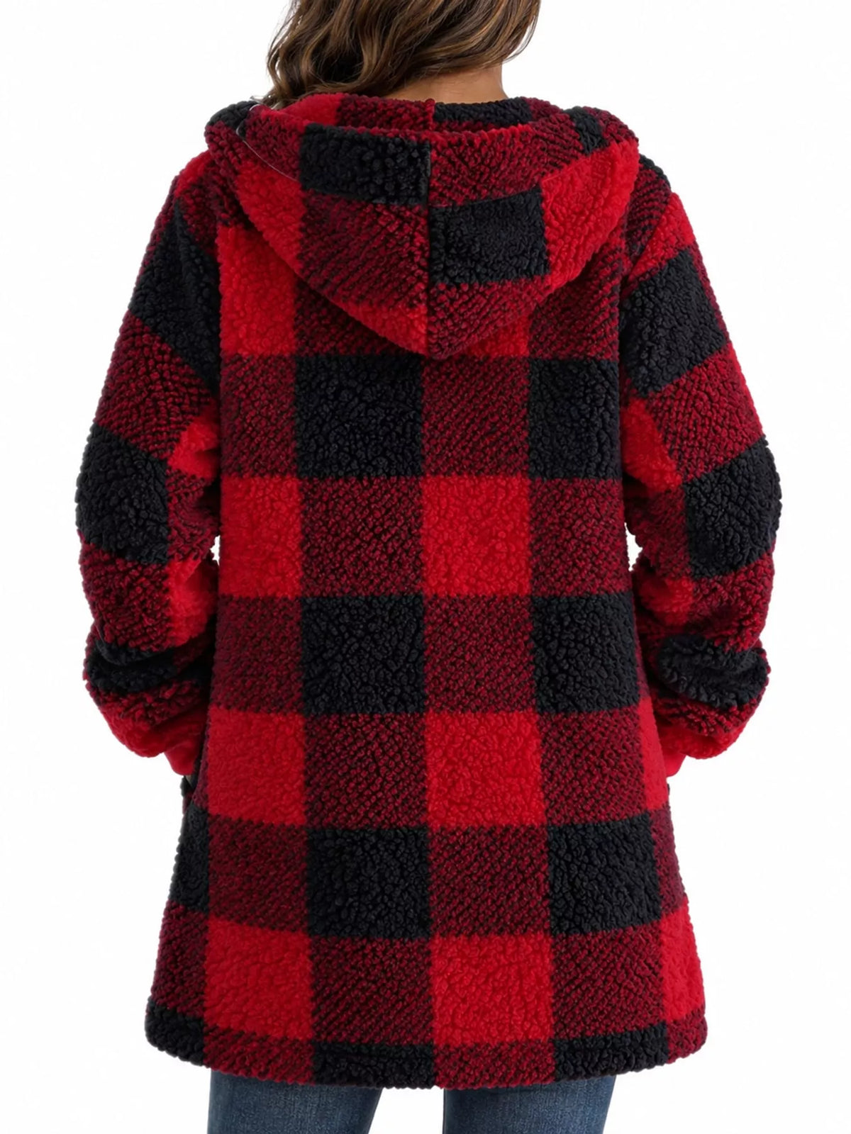 Red and black plaid sherpa hooded zip up jacket, back view