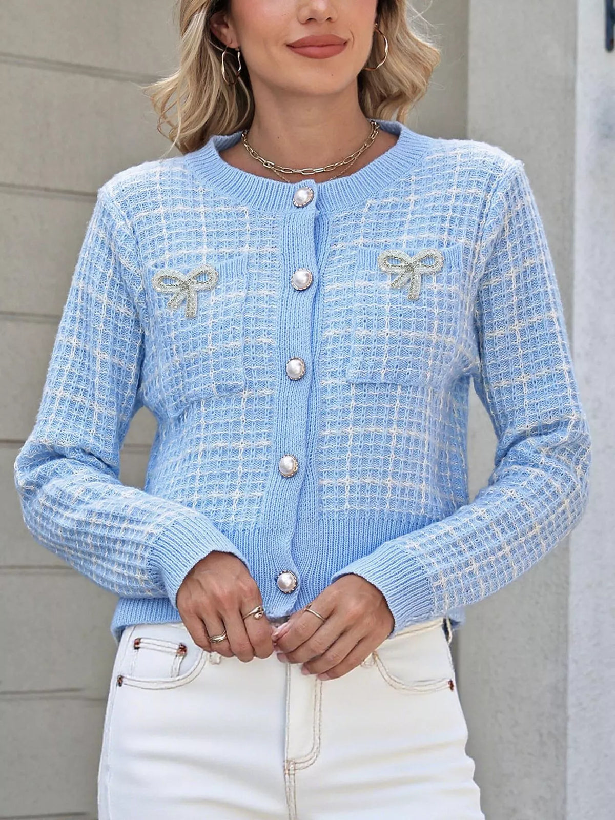 Tweed-style bow button-down cardigan